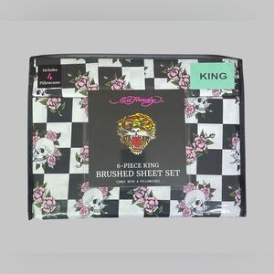 Ed Hardy King 6-Pc DP Sheet Set Black White Checkered Skulls Pink Roses NEW NIP